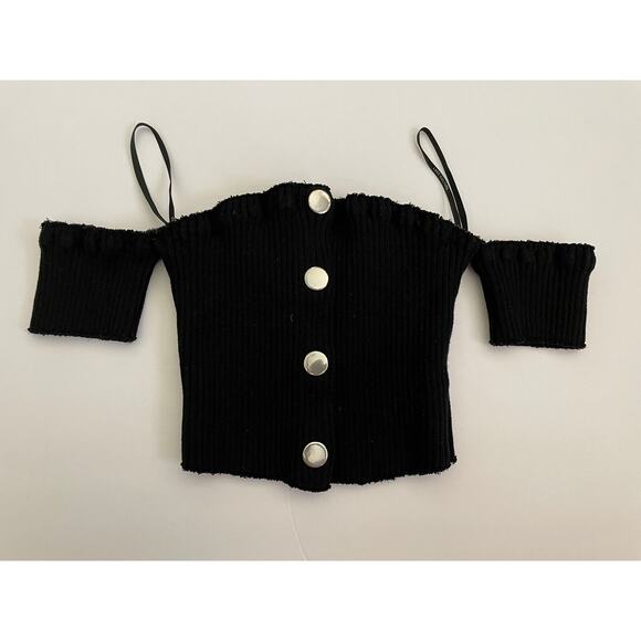 Black Ribbed Raw Edge Off The Shoulder Short Sleeve Button Crop Top Size S - Picture 4 of 6